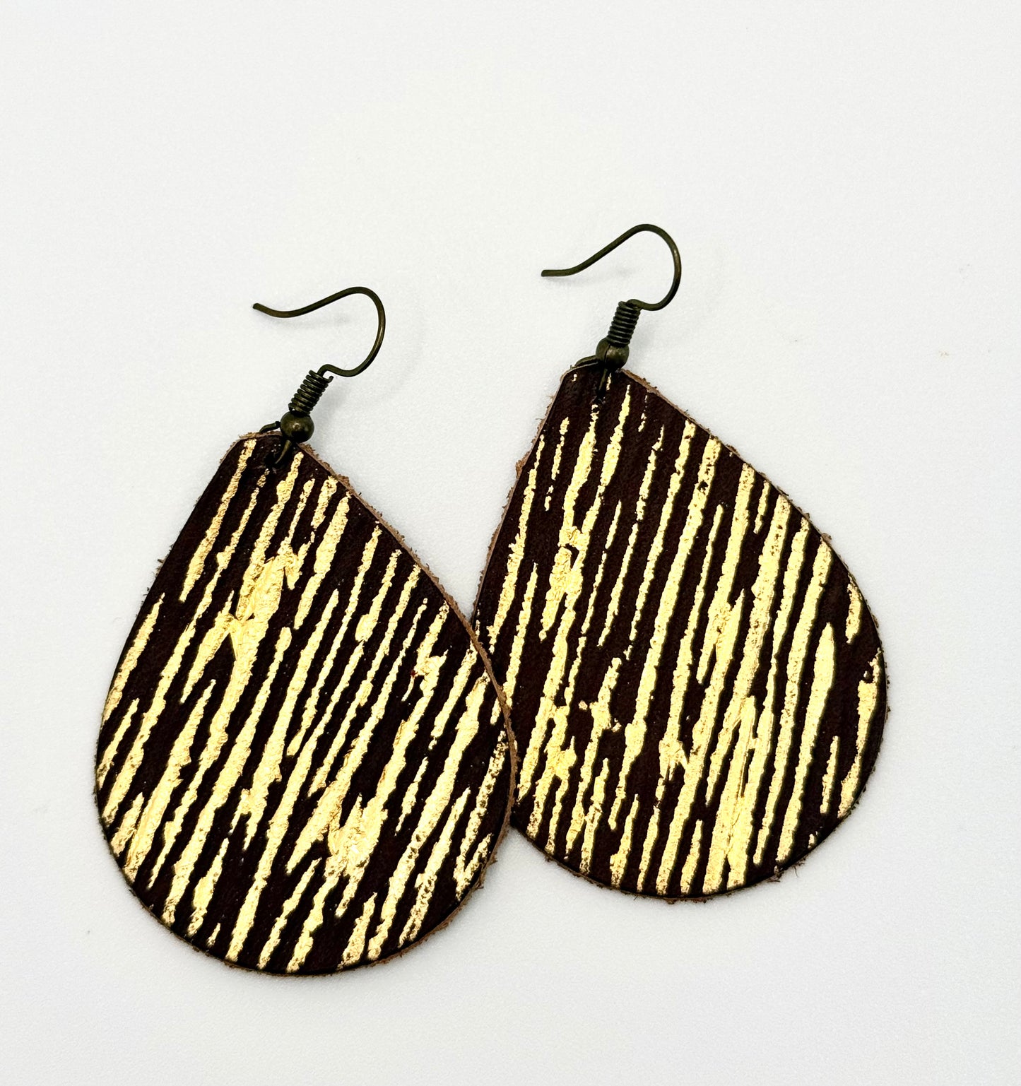Brown Leather Tear Drops with Gold Accent Earrings