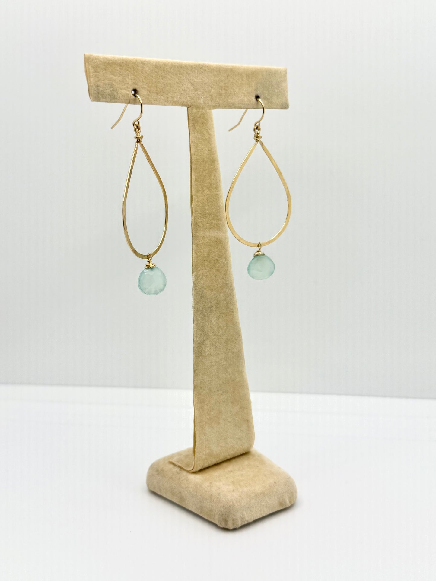 Duke Collection Tear Drop with Aqua Marine Bead 14K Gold Hammered Earrings