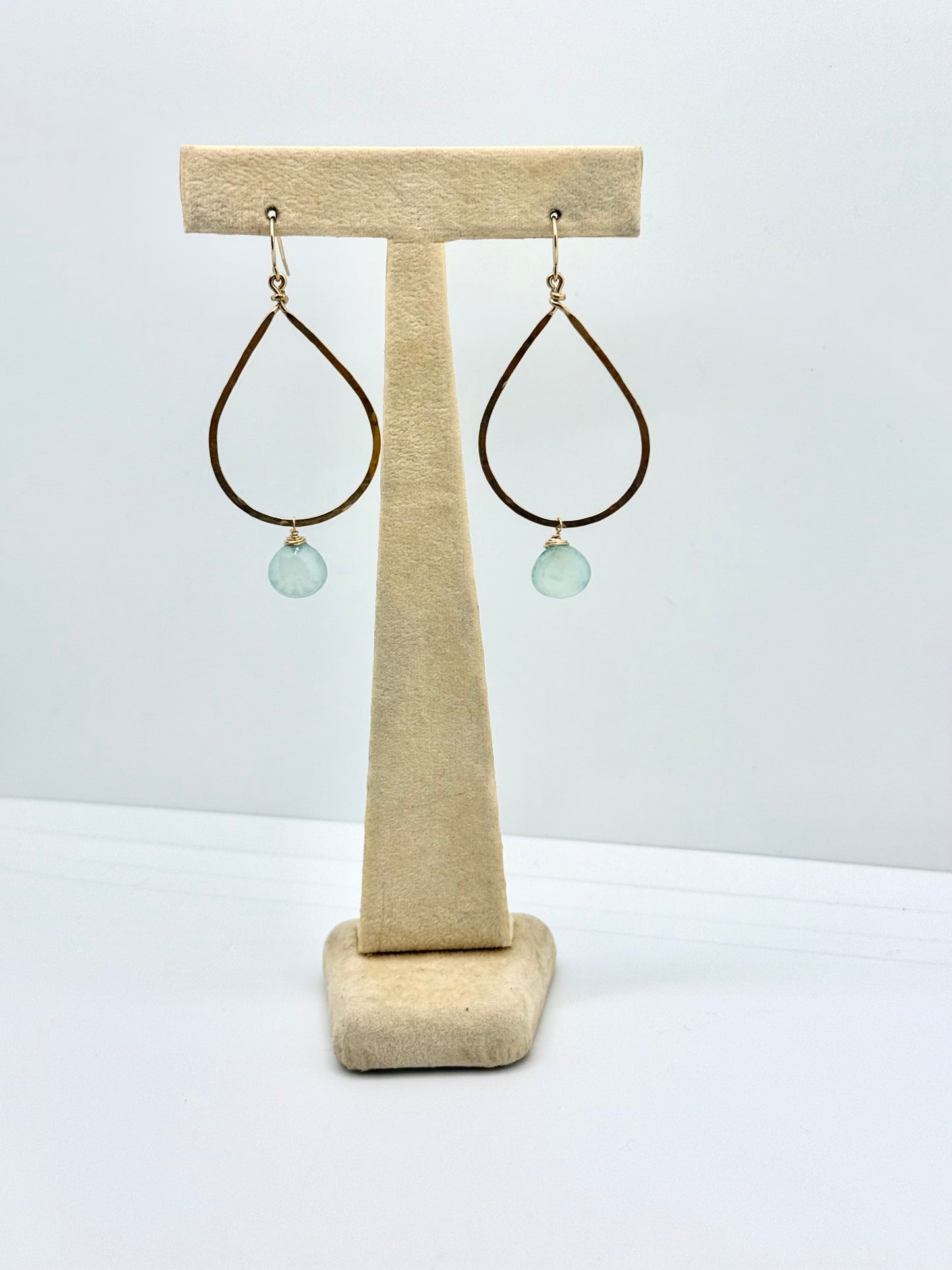 Duke Collection Tear Drop with Aqua Marine Bead 14K Gold Hammered Earrings