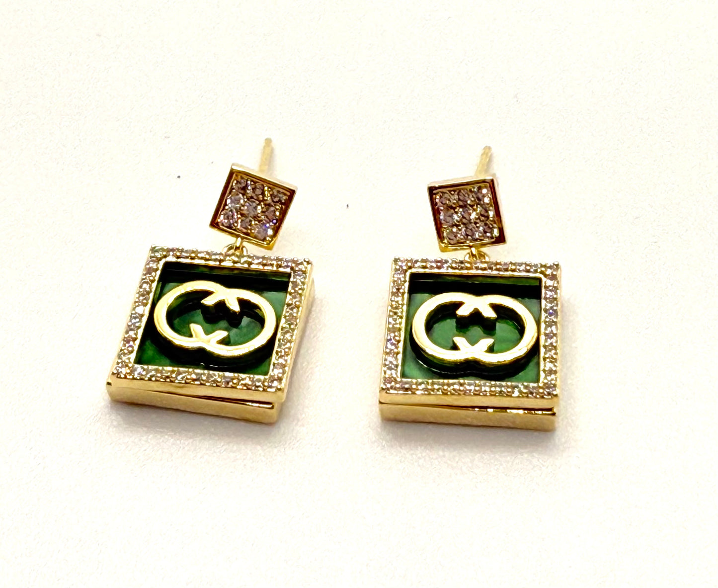 CC Luxe - Double C Square Green and Gold Earrings