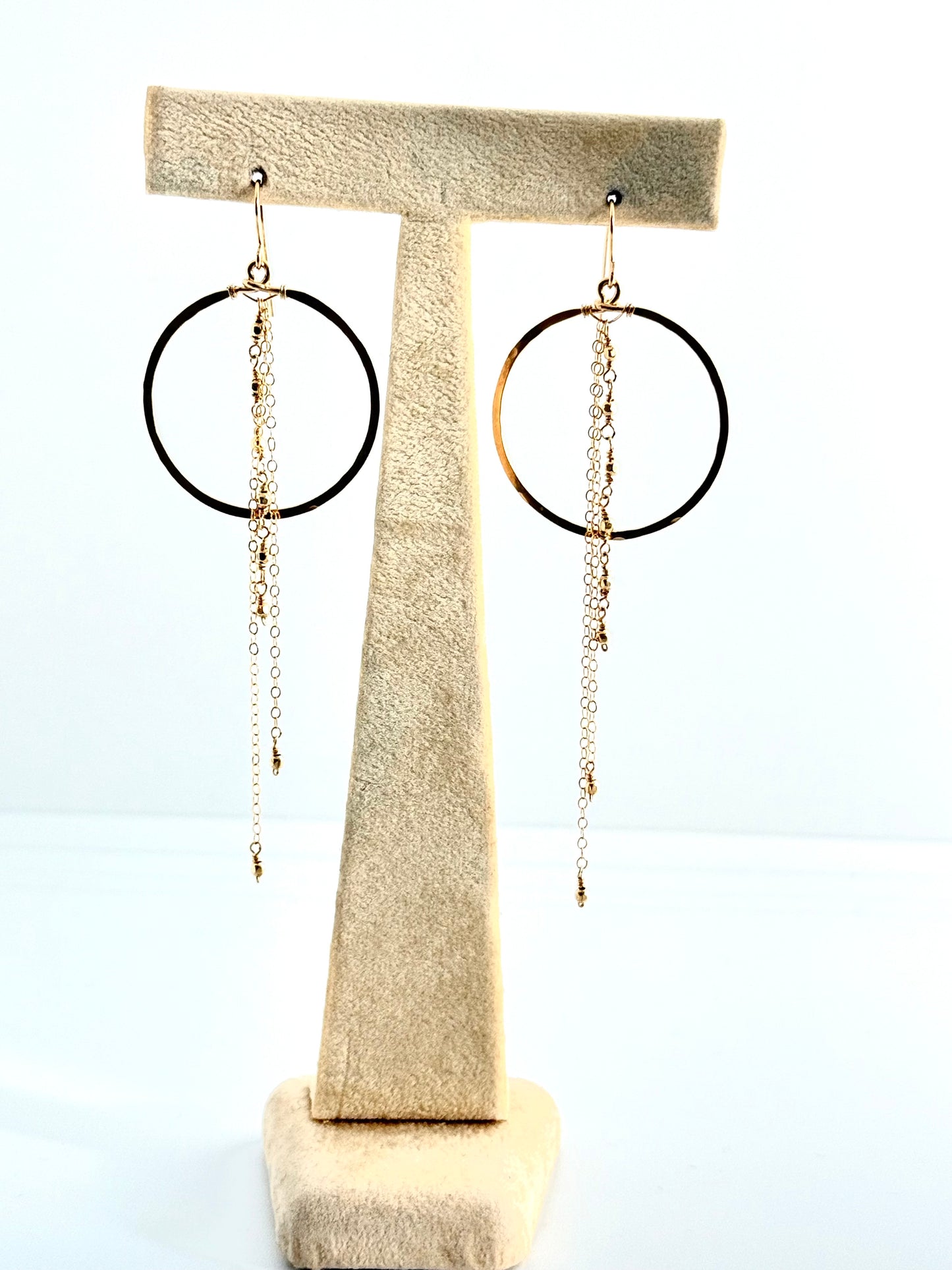 Duke Collection Hoop with Chain Dangles 14K Gold Hammered Earrings
