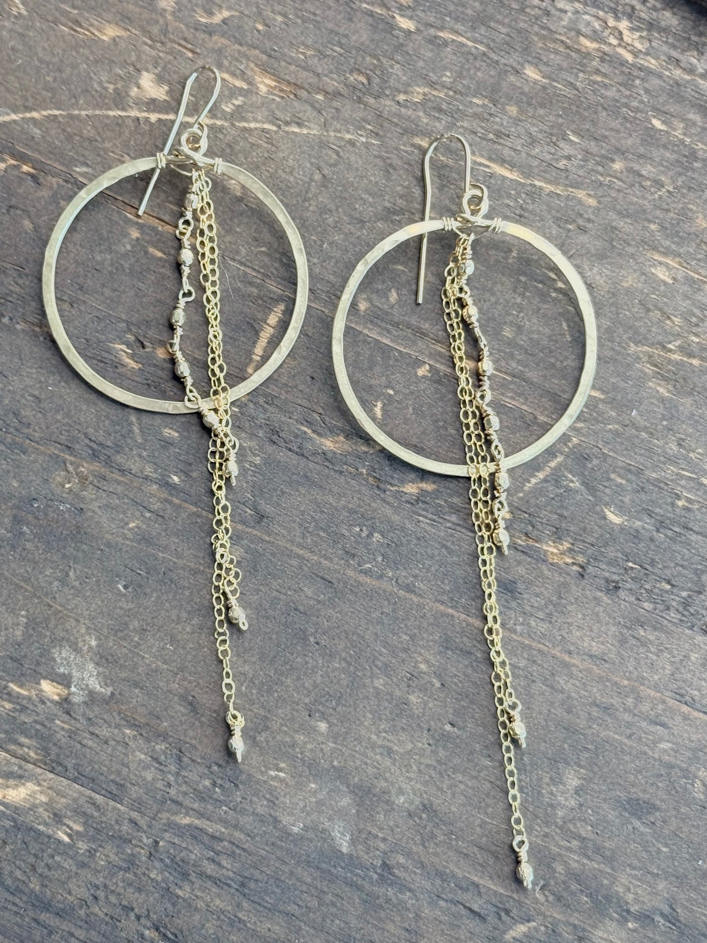 Duke Collection Hoop with Chain Dangles 14K Gold Hammered Earrings