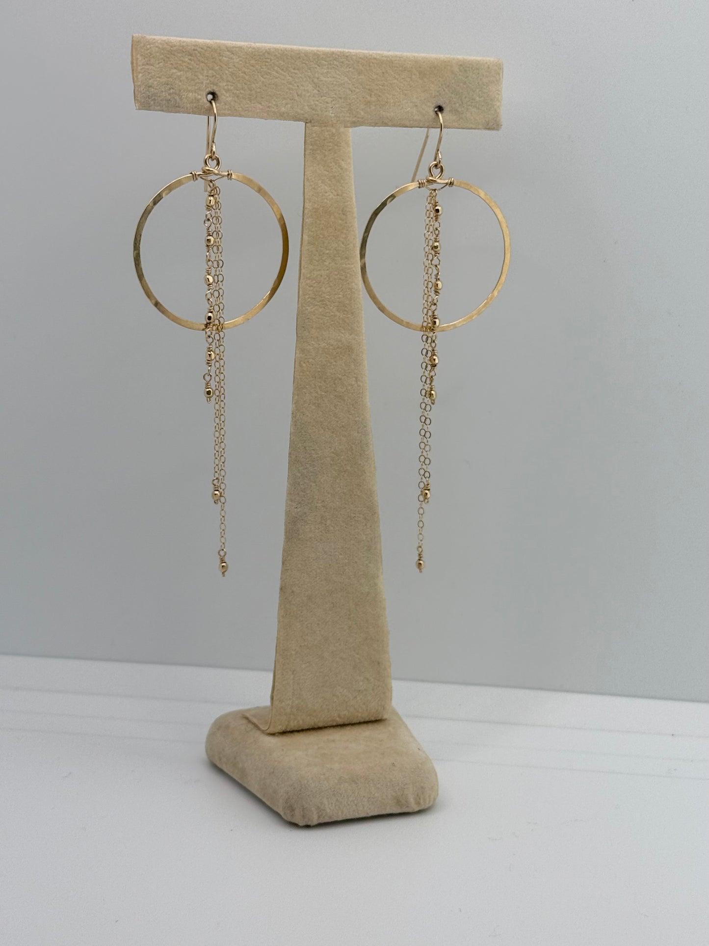 Duke Collection Hoop with Chain Dangles 14K Gold Hammered Earrings
