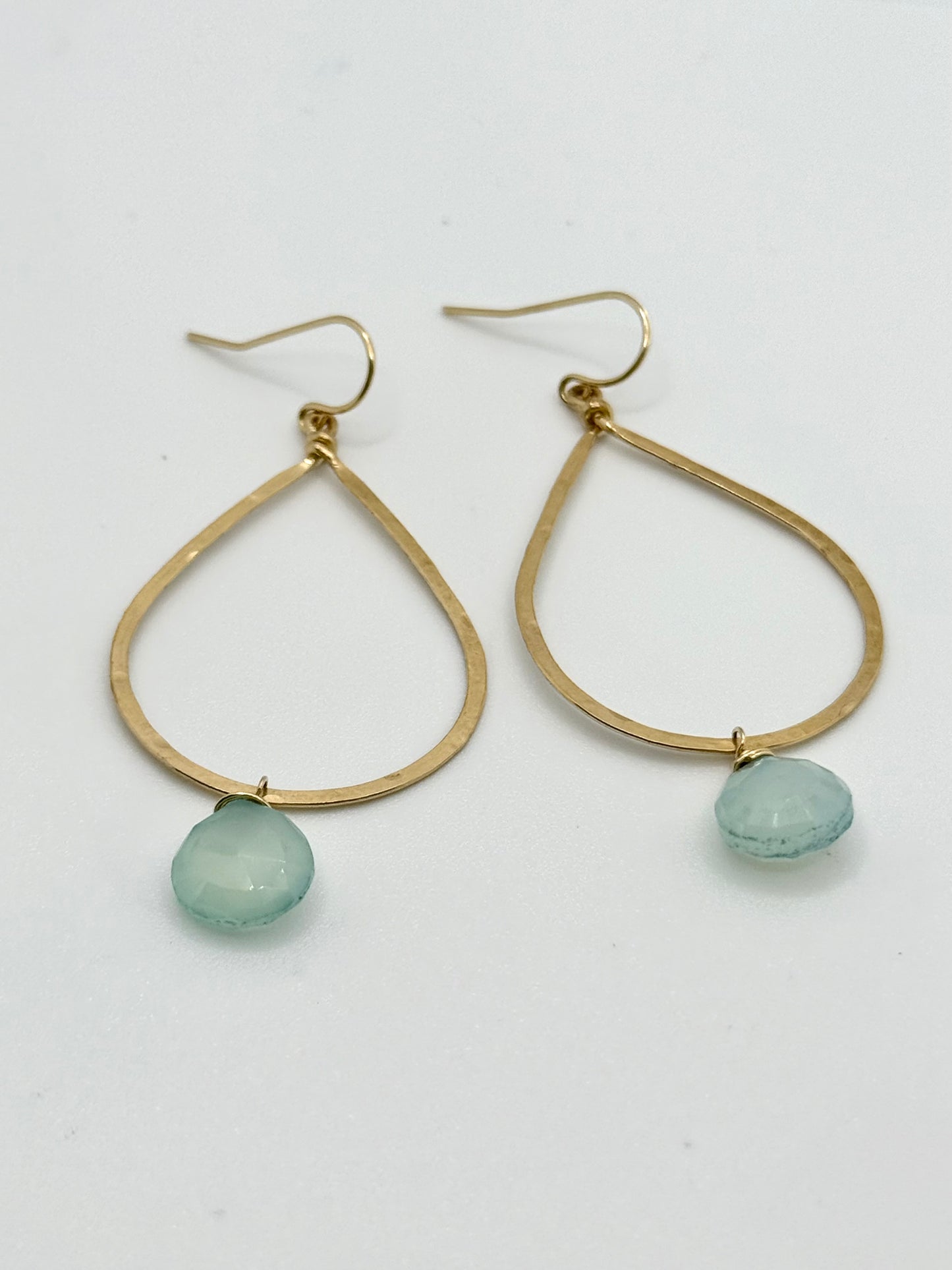 Duke Collection Tear Drop with Aqua Marine Bead 14K Gold Hammered Earrings