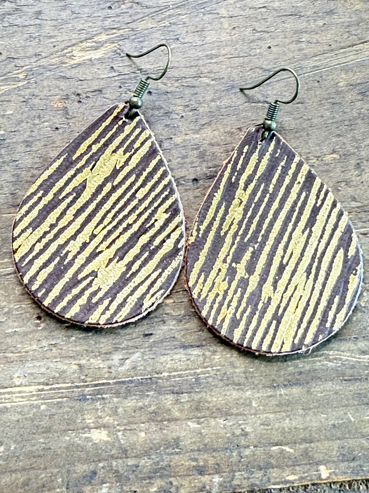 Brown Leather Tear Drops with Gold Accent Earrings