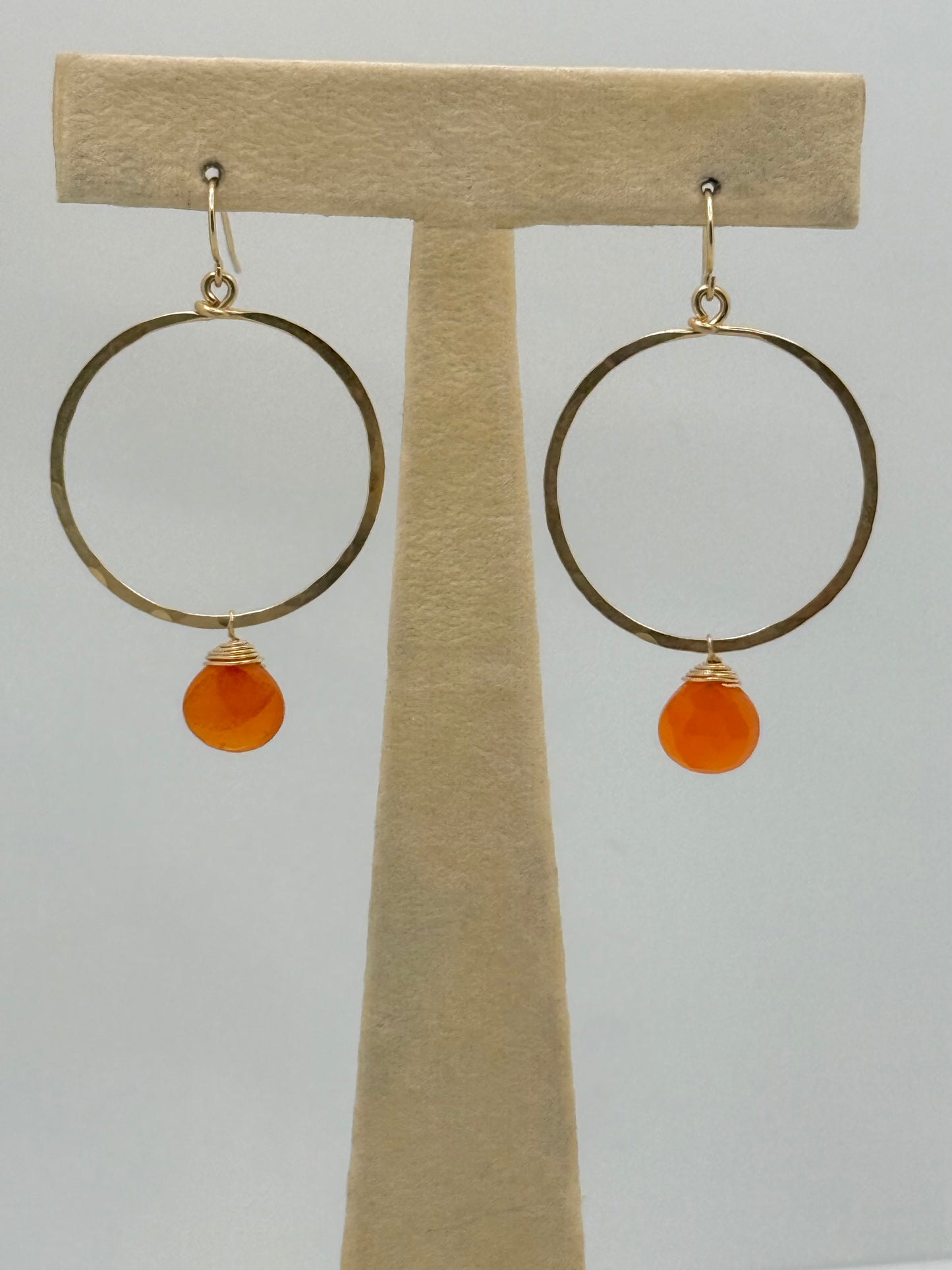 Duke Collection Hoop with Orange Bead 14K Gold Hammered Earrings