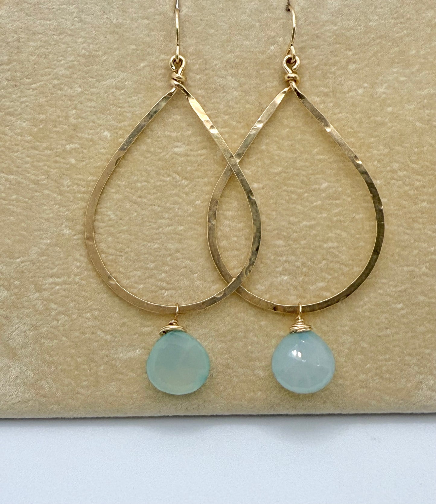 Duke Collection Tear Drop with Aqua Marine Bead 14K Gold Hammered Earrings