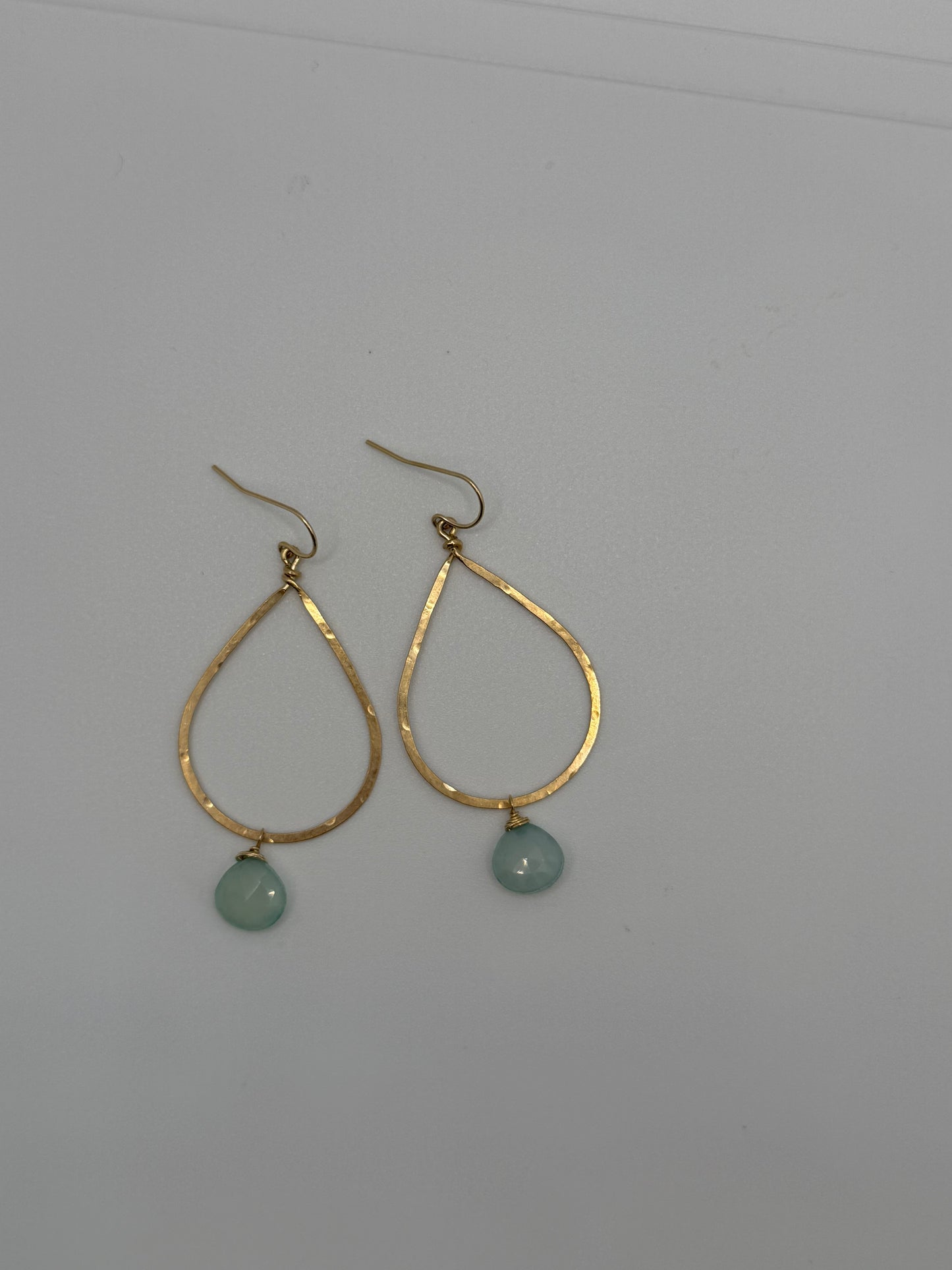 Duke Collection Tear Drop with Aqua Marine Bead 14K Gold Hammered Earrings