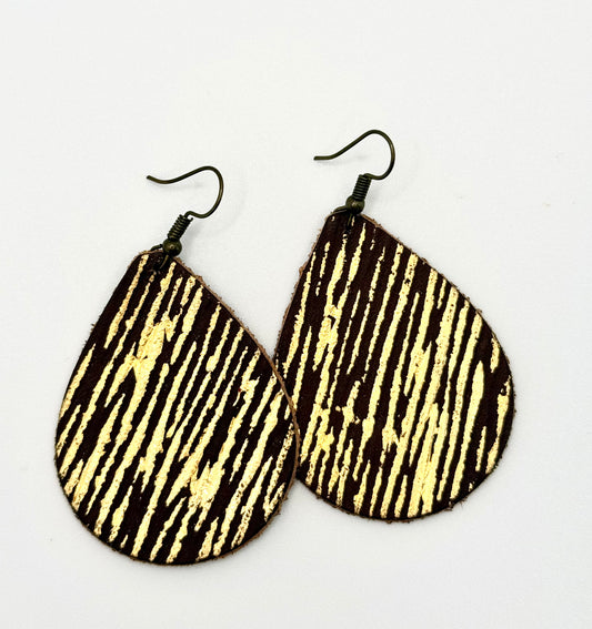 Brown Leather Tear Drops with Gold Accent Earrings