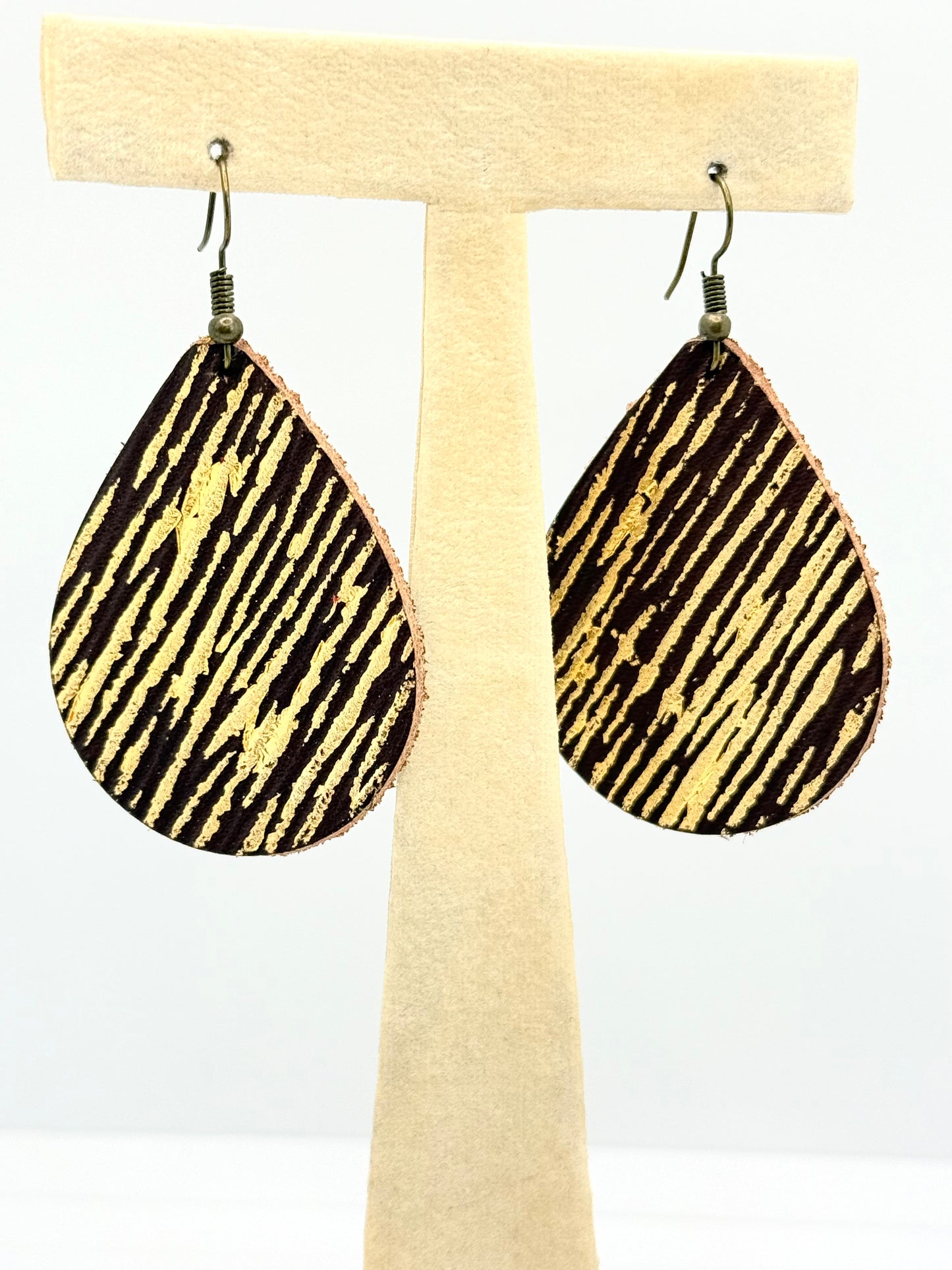 Brown Leather Tear Drops with Gold Accent Earrings