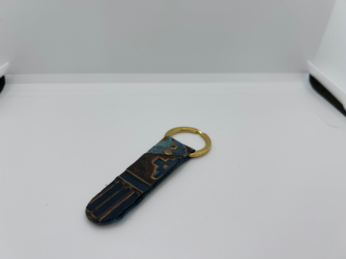 Brown and Blue Leather Keychain