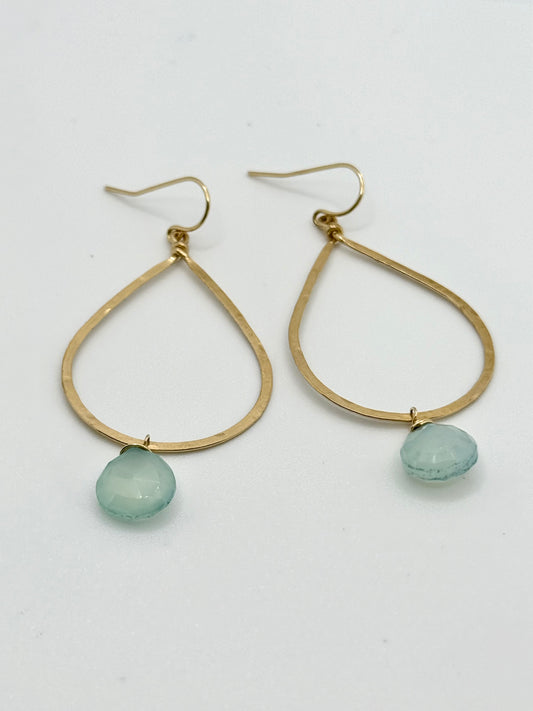 Duke Collection Tear Drop with Aqua Marine Bead 14K Gold Hammered Earrings