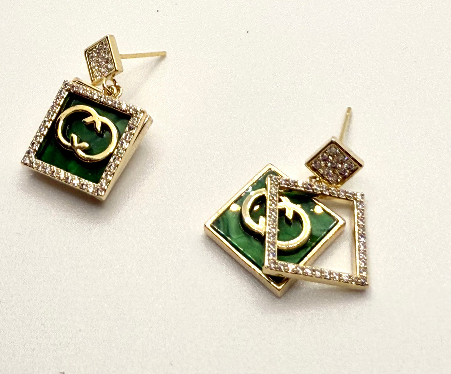 CC Luxe - Double C Square Green and Gold Earrings