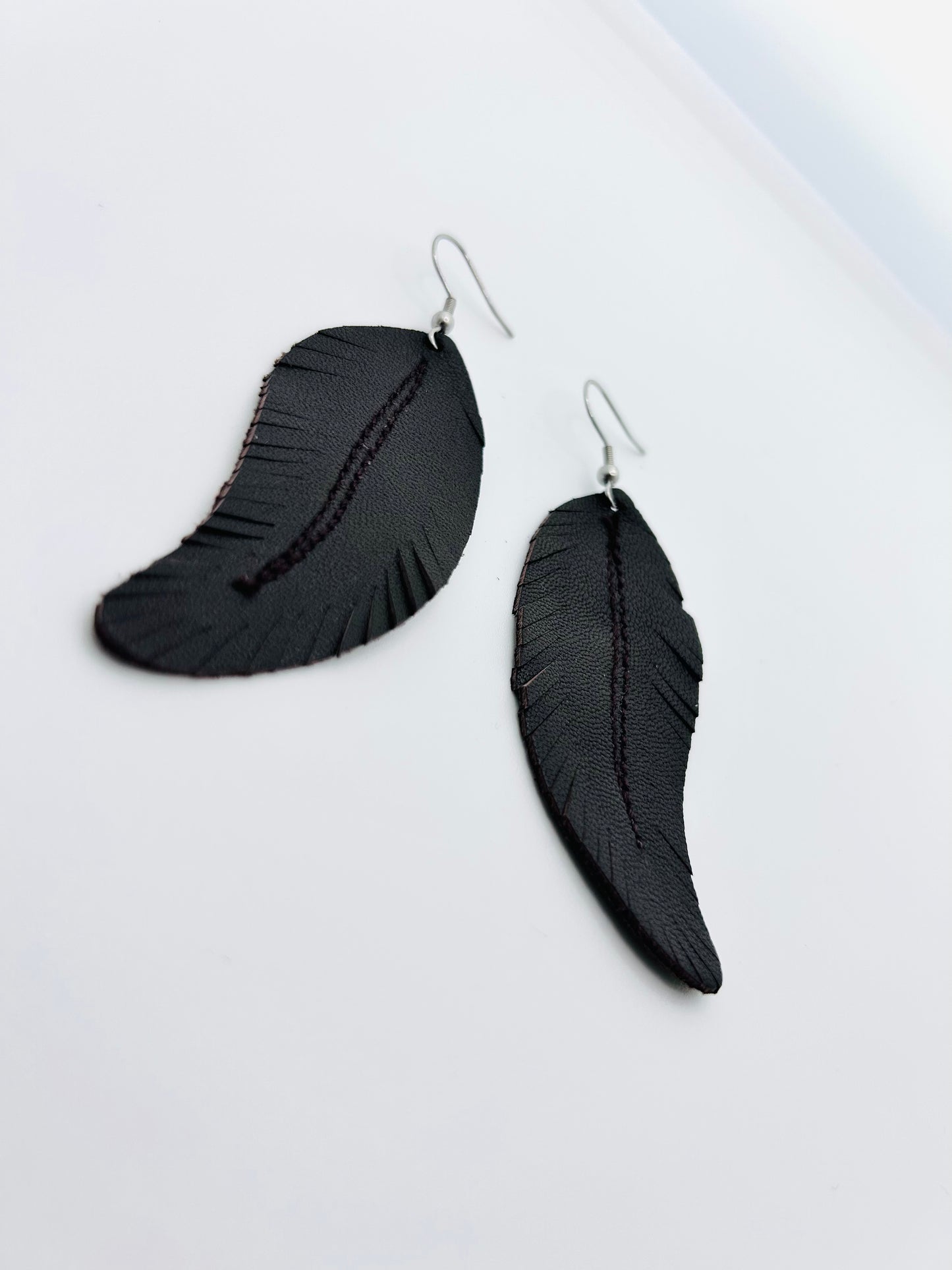 Brown Leather Feather Earrings