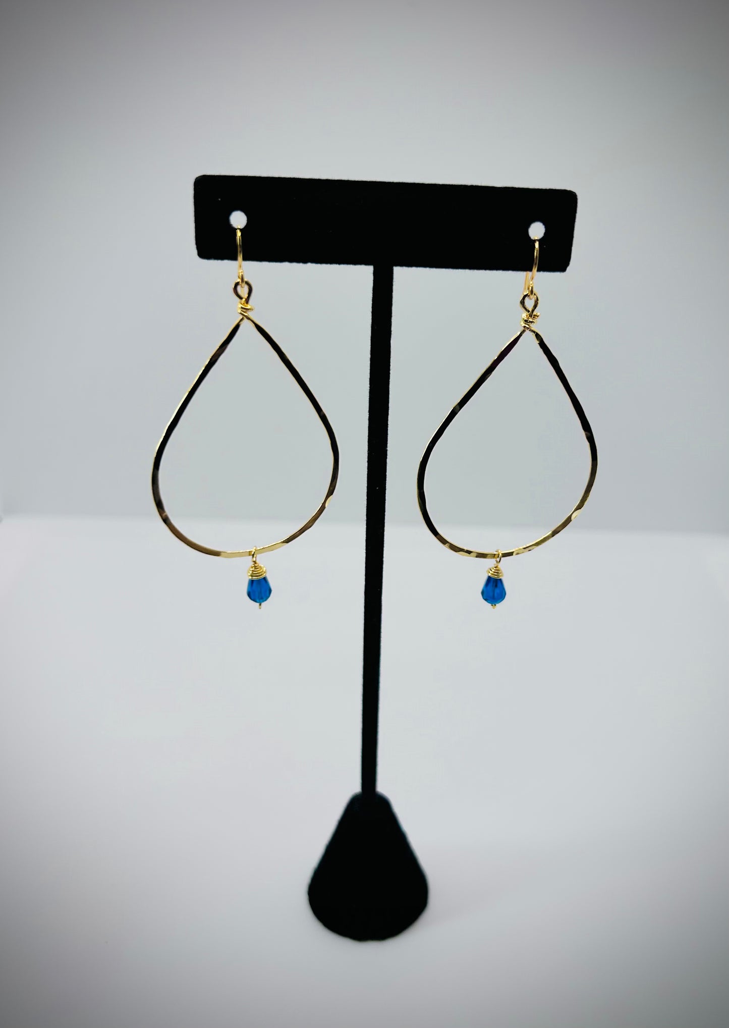 Golden Age Hammered Gold Teardrop Earring with Vibrant Blue Accent Bead