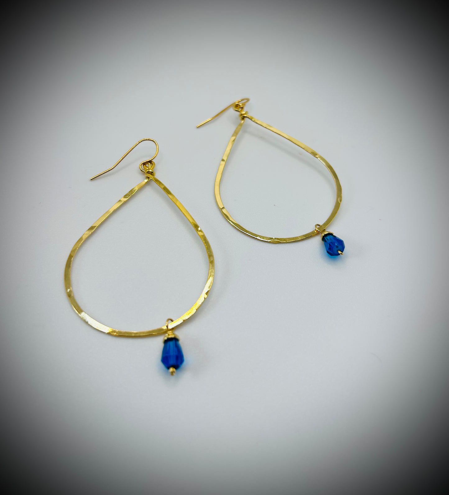 Golden Age Hammered Gold Teardrop Earring with Vibrant Blue Accent Bead