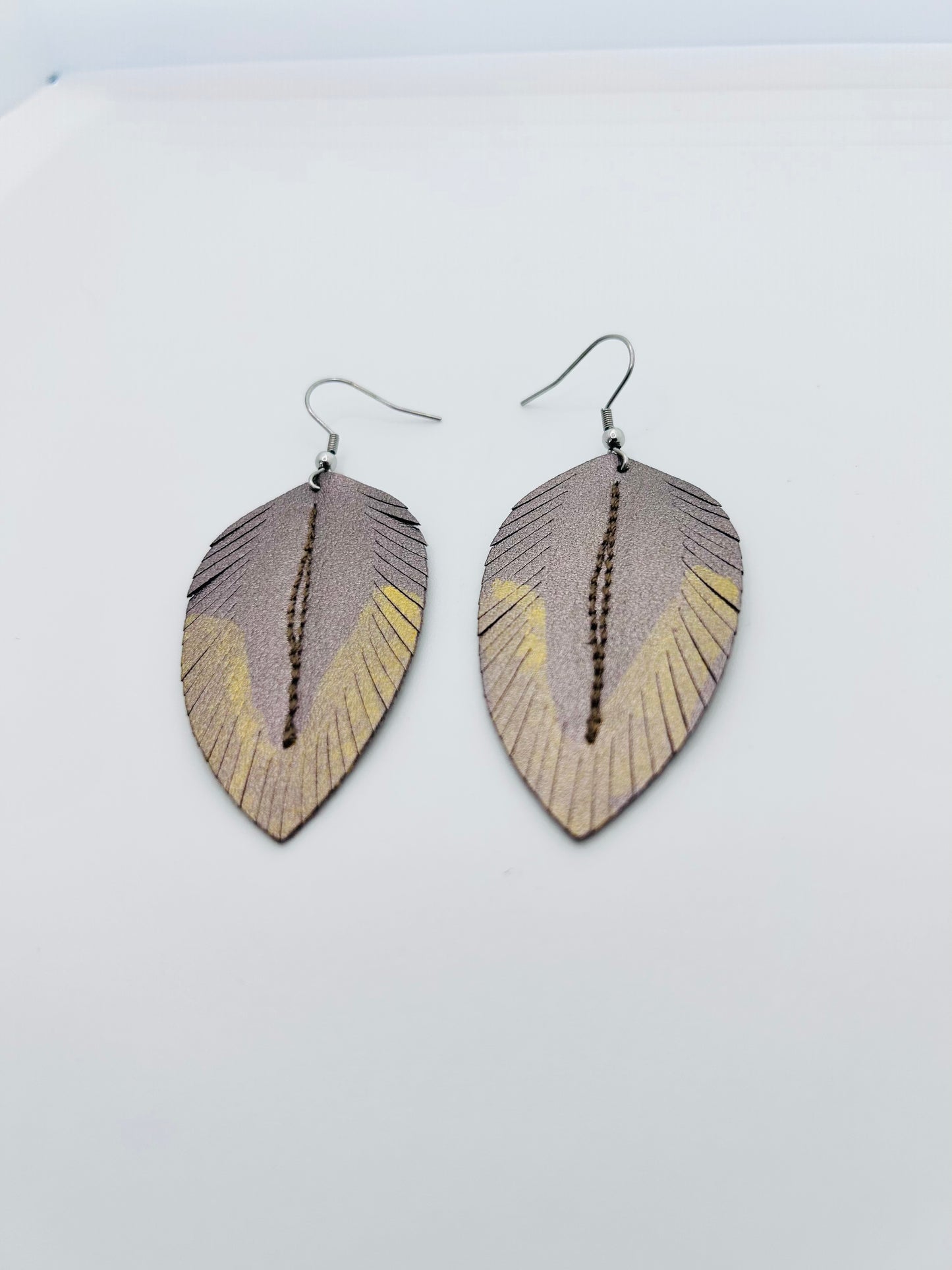 Hand-Painted Bronze Leather Feather Earrings