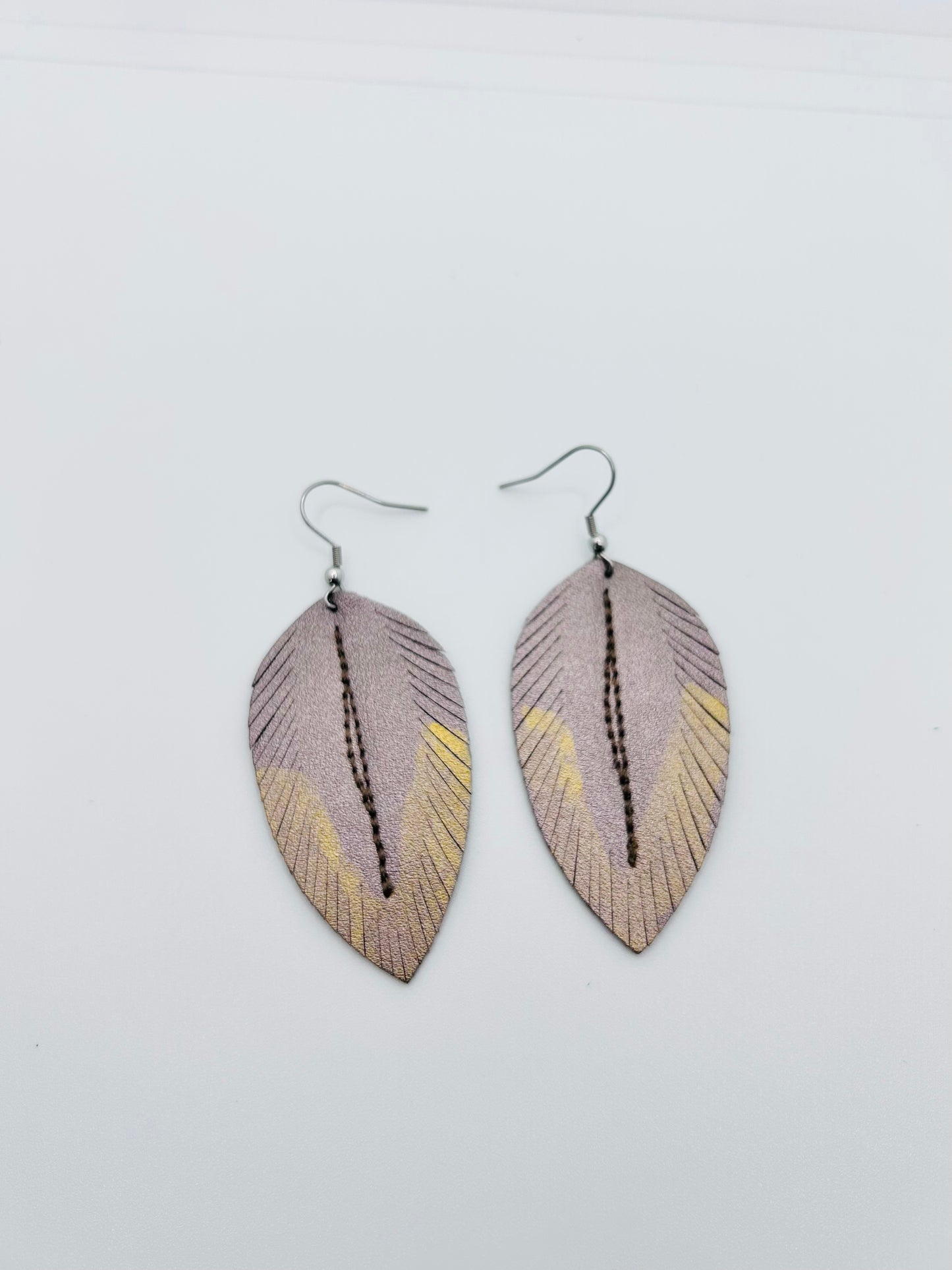 Hand-Painted Bronze Leather Feather Earrings