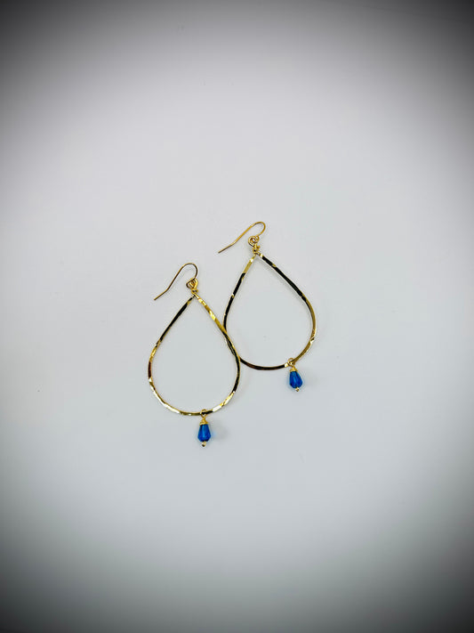 Golden Age Hammered Gold Teardrop Earring with Vibrant Blue Accent Bead