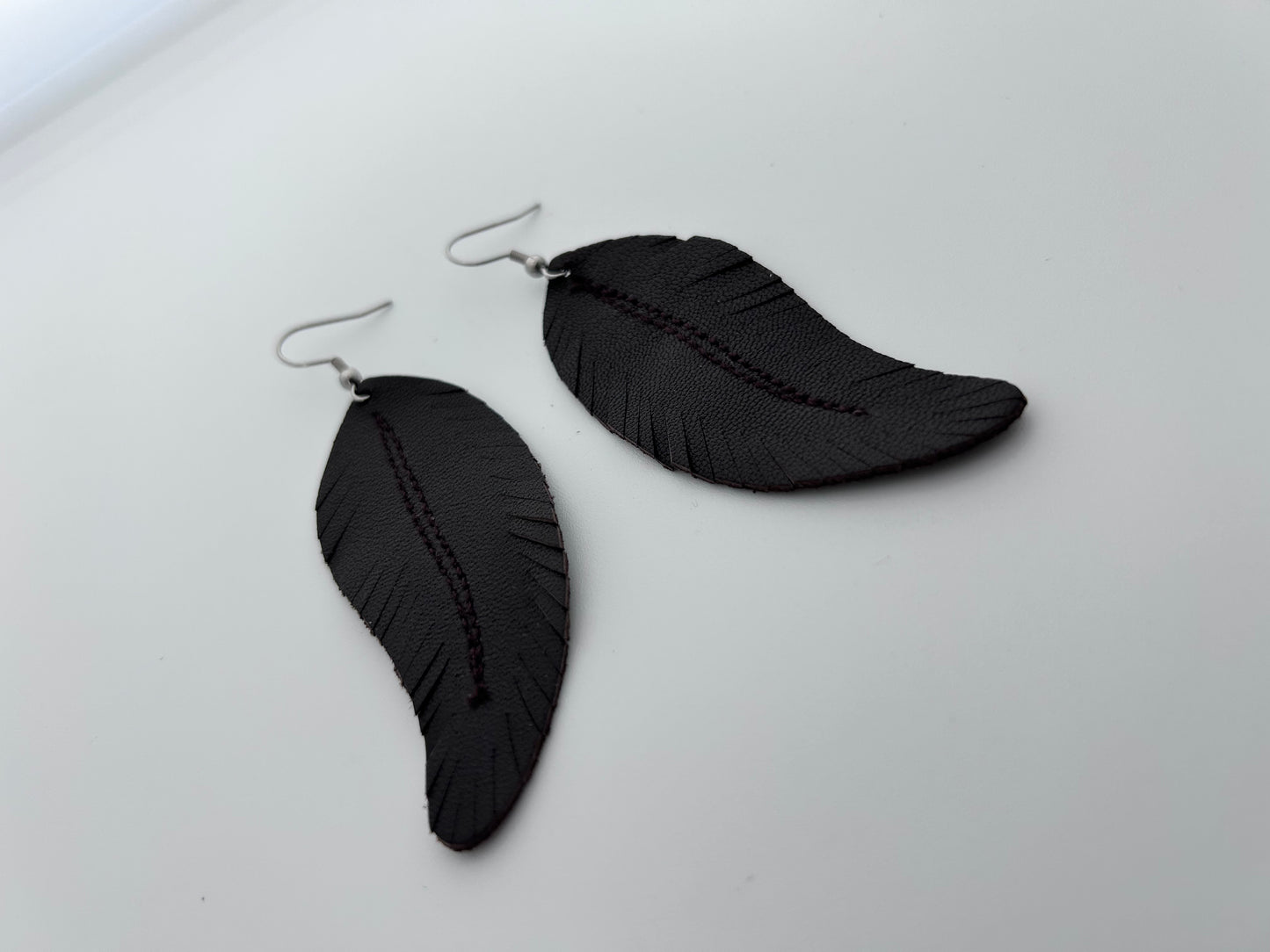 Brown Leather Feather Earrings