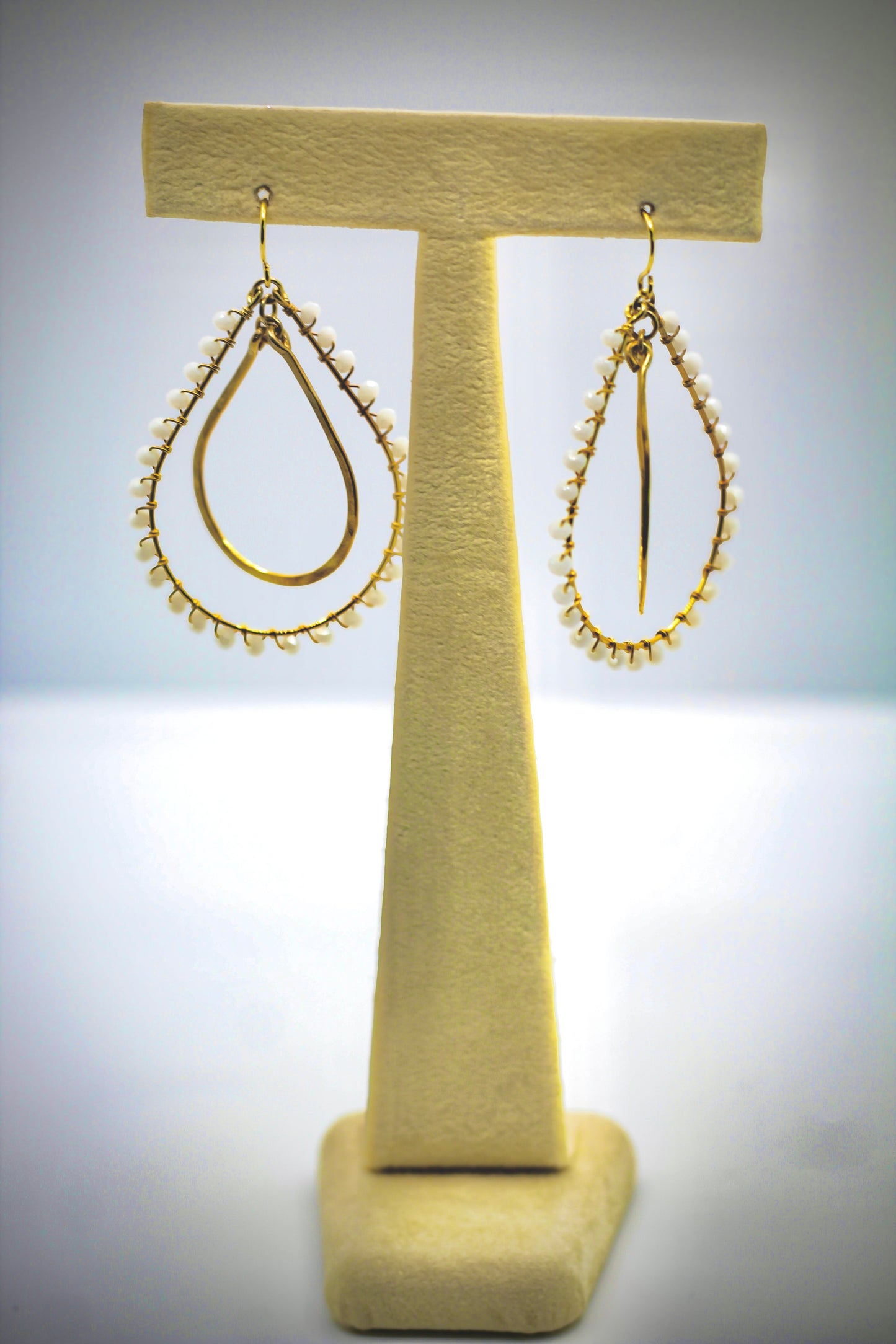 White Beaded Large Teardrop Gold Earrnings