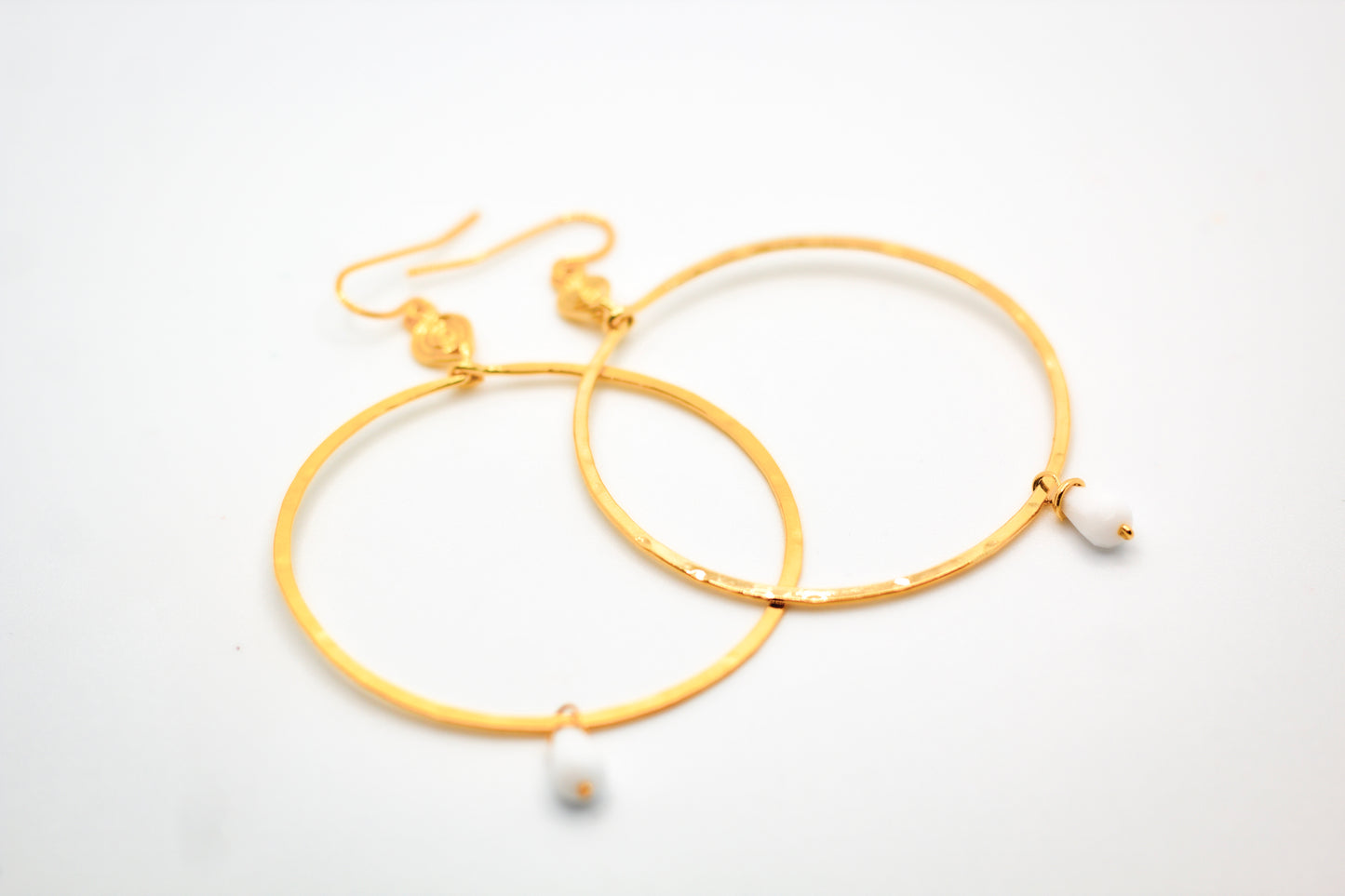 Modern Golden Age Hammered Big Hoops with Wire Wrapped White Bead