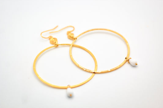 Modern Golden Age Hammered Big Hoops with Wire Wrapped White Bead