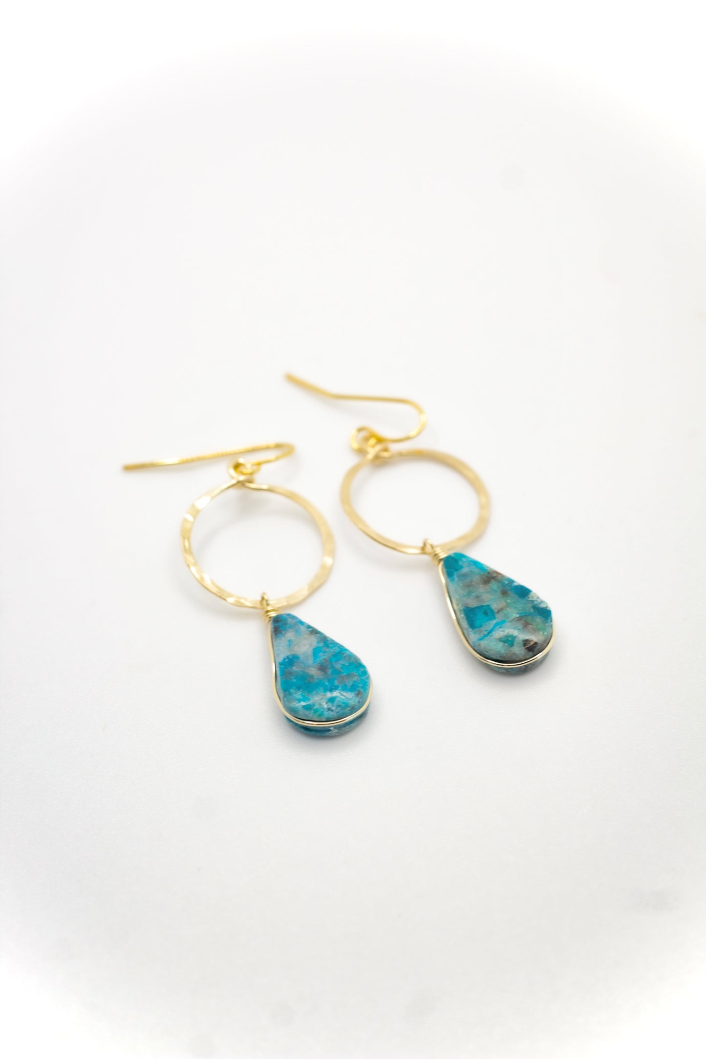 Hammered Gold Plated Hoop Earrings with Brazilian Turquoise